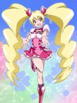  blonde_hair boots bow choker churumi_(grie) cure_peach dress earrings eyelashes fresh_precure! frilled_dress frills hair_ornament happy heart heart_hair_ornament jewelry knee_boots kneehighs long_hair looking_at_viewer magical_girl momozono_love open_mouth pink_bow pink_choker pink_dress pink_eyes pink_footwear pink_legwear precure puffy_sleeves smile solo twintails very_long_hair 