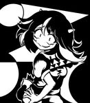  bow directional_arrow dress greyscale grin horns kijin_seija looking_back monochrome multicolored_hair short_hair short_sleeves smile solo streaked_hair touhou ziogon 