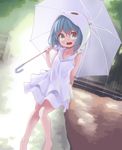  aoi_tori aqua_eyes barefoot blue_hair collarbone dress highres holding holding_umbrella hood hoodie open_mouth original personification rain short_hair skirt sleeveless sleeveless_dress smile solo standing teru-chan_(aoi_tori) teruterubouzu umbrella 