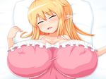  1girl bed blonde_hair blush breasts erect_nipples eyes_closed female gigantic_breasts highres long_hair lying monaka_(gatinemiku) on_back open_mouth pointy_ears solo 