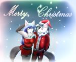 anthro arctic_wolf black_fur black_hair black_nose blue_hair breasts canine christmas clothed clothing duo female fur hair haku_hyogaki hakuhyogaki holidays male mammal open_mouth red_eyes smile white_fur wolf 