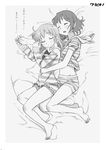  arm_pillow bad_id bad_pixiv_id barefoot bed boyshorts closed_eyes greyscale hair_down holding_hands hood hoodie kaname_madoka loungewear lying mahou_shoujo_madoka_magica midriff miki_sayaka monochrome multiple_girls navel short_hair sleeping smile wokami 