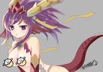 :3 armor artist_name blush breasts censored character_censor dragon_girl dragon_horns dragon_tail elbow_gloves gloves grey_background hair_ornament head_fins heterochromia horns large_breasts leaning leaning_forward long_hair lunacats novelty_censor purple_eyes purple_hair puzzle_&amp;_dragons red_gloves simple_background solo sonia_(p&amp;d) tail tamadra yellow_eyes 