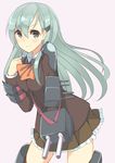  aqua_eyes aqua_hair bad_id bad_pixiv_id fumatake hair_ornament hairclip kantai_collection long_hair smile solo suzuya_(kantai_collection) turret uniform 