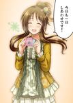  brown_hair camera closed_eyes dress hair_ornament idolmaster idolmaster_cinderella_girls long_hair ment open_mouth smile solo takamori_aiko translation_request 