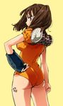  ass backpack bad_id bad_pixiv_id bag bangs breasts brown_hair clenched_hand cowboy_shot diane_(nanatsu_no_taizai) from_side gauntlets hand_on_hip leotard light_smile looking_at_viewer looking_back medium_breasts nanatsu_no_taizai orange_leotard profile puffy_short_sleeves puffy_sleeves purple_eyes short_hair short_sleeves short_twintails simple_background sketch smile solo standing tattoo twintails yellow_background yukichi_(ohuton_zzz) 