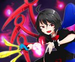  ahoge asymmetrical_wings black_hair blue_wings bow bowtie cowboy_shot dress energy_ball fang holding houjuu_nue kameyan open_mouth polearm red_eyes red_wings short_hair snake solo thighhighs touhou trident weapon wings wrist_cuffs 