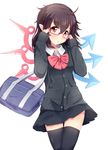  :o adapted_costume ahoge asymmetrical_wings bag bespectacled black_legwear blush brown_hair collared_shirt contemporary glasses highres houjuu_nue igakusei messy_hair miniskirt pleated_skirt pointy_ears red_eyes school_uniform semi-rimless_eyewear shirt skirt sleeves_past_wrists sweater thighhighs touhou wings 
