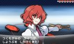  drum drumsticks fake_screenshot hacko horikawa_raiko instrument juliet_sleeves long_sleeves mitsudomoe_(shape) necktie parody pokemon pokemon_(game) pokemon_xy puffy_sleeves purple_neckwear red_eyes red_hair smile solo style_parody tomoe_(symbol) touhou translated 