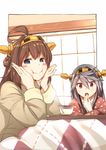  ahoge akaitera alternate_costume banned_artist black_hair blue_eyes blush_stickers brown_hair casual cup eating food fruit haruna_(kantai_collection) japanese_clothes kantai_collection kongou_(kantai_collection) kotatsu long_hair mandarin_orange multiple_girls red_eyes table teacup 