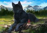  2016 ambiguous_gender arizuka basket black_fur bottle canine clothed clothing duo female feral fluffy fluffy_tail fur little_red_riding_hood little_red_riding_hood_(copyright) lying macro mammal outside red_eyes sitting wolf 
