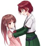  achiga_school_uniform akado_harue blush brown_hair commentary_request hands_on_shoulders long_hair multiple_girls open_mouth ponytail red_eyes red_hair saki saki_achiga-hen short_hair smile suzushiro_yukari takakamo_shizuno 