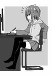  black_legwear crossed_legs greyscale highres monochrome original short_hair sky_(freedom) sky_(sky-freedom) solo tablet thighhighs 