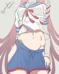  akashi_(kantai_collection) cowboy_shot grey_background hakama_skirt head_out_of_frame highres hip_vent japanese_clothes kantai_collection long_hair midriff navel pink_hair side_cutout simple_background sketch skirt solo twitter_username very_long_hair yamashina_metal 