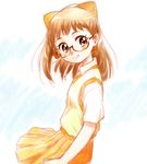  bad_id bad_pixiv_id bow brown_eyes brown_hair from_side fujiwara_hazuki glasses hair_bow half_updo kogawa_masayoshi ojamajo_doremi orange_skirt pleated_skirt short_hair short_sleeves skirt smile solo wind 