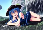  blue_hair blush brown_eyes cloud day food fruit h_kasei hat hinanawi_tenshi long_hair looking_at_viewer lying on_stomach one-piece_swimsuit open_mouth red_eyes school_swimsuit sky smile solo swimsuit touhou water waterfall 