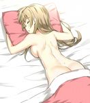  ass back blush breasts brown_hair butt_crack closed_eyes highres large_breasts long_hair love_live! love_live!_school_idol_project lying minami_kotori naked_sheet nude on_bed on_stomach one_side_up pillow pillow_hug shoulder_blades sky_(freedom) sleeping solo under_covers 