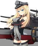  bare_shoulders bismarck_(kantai_collection) blonde_hair blue_eyes blush breast_hold breasts brown_gloves detached_sleeves gloves grey_legwear hat highres kantai_collection kirifrog light_smile long_hair looking_at_viewer machinery medium_breasts peaked_cap solo turret 