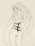  ass covering covering_breasts cowboy_shot from_behind hatsune_miku long_hair looking_back monochrome sketch solo topless twintails very_long_hair vocaloid wavy_mouth wokada 
