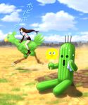  1girl brown_hair cactus chocobo desert fan ff7tifalockhart final_fantasy final_fantasy_vii fingerless_gloves gloves green light long_hair monster outdoors riding straddling sunlight sweat tifa_lockhart 