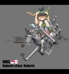  absurdres animal_ears blonde_hair cat_ears character_name crab english green_eyes highres hms_roberts letterboxed neckerchief official_art photo_background pleated_skirt rigging roberts_(zhan_jian_shao_nyu) royal_navy school_uniform serafuku side_ponytail sirills skirt solo thighhighs torn_clothes torn_legwear turret white_ensign zhan_jian_shao_nyu 