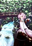  animal_ears bridge clses forest hat highres inubashiri_momiji katana long_skirt nature red_eyes ribbon-trimmed_sleeves ribbon_trim river scenery sheath sheathed shield short_hair silver_hair skirt smile sword tail tokin_hat touhou water weapon wolf_ears wolf_tail wooden_bridge 