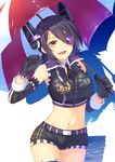  alternate_costume black_hair blush breasts brown_eyes detached_sleeves eyepatch fang gloves headgear highres horosuke_(toot08) kantai_collection large_breasts looking_at_viewer midriff navel open_mouth race_queen short_hair smile solo tenryuu_(kantai_collection) thighhighs umbrella 