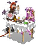  :d :t @_@ alcohol bat_wings beer bespectacled bowl chair chopsticks coke-bottle_glasses crescent crescent_hair_ornament fang food glass glasses grilling h.dupp_(nama_aakiruu) hair_ornament hat head_wings koakuma meat multiple_girls open_mouth pantyhose patchouli_knowledge plate rice_bowl salad sauce simple_background smile steak table touhou wings wire 