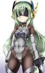  bare_shoulders black_gloves blindfold bodysuit collar detached_sleeves emil_chronicle_online facing_viewer gloves green_hair hair_ornament hairband highres leotard lock pantyhose shimo_(depthbomb) solo thighhighs 