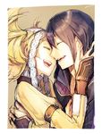  1girl amatari_sukuzakki black_hair blonde_hair closed_eyes couple face-to-face fire_emblem fire_emblem:_kakusei happy hetero hug liz_(fire_emblem) male_my_unit_(fire_emblem:_kakusei) my_unit_(fire_emblem:_kakusei) sketch smile twintails 