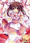  :d absurdres basket breasts brown_hair cake checkered checkered_background dress food fruit highres medium_breasts muku_(apupop) open_mouth ribbon smile solo strawberry thighhighs twintails white_legwear 