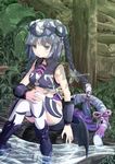  bat_wings black_hair bracer braid bug circlet double_bun dragonfly greaves haku_(p&amp;d) insect multicolored_hair purple_eyes puzzle_&amp;_dragons shorts sitting solo tail tiger_tail water white_hair windfeathers wings 