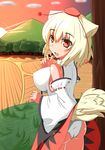  animal_ears ass bare_shoulders blush breasts covered_nipples detached_sleeves fang hat highres inubashiri_momiji large_breasts looking_at_viewer looking_back monchan mountain nature open_mouth panties pantyshot red_eyes short_hair silver_hair smile solo sun tail tokin_hat touhou tree underwear white_panties wolf_ears wolf_tail 