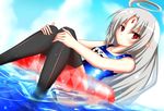  afloat bad_id bad_pixiv_id black_legwear breasts dutch_angle inaba_sunimi innertube one-piece_swimsuit pointy_ears red_eyes school_swimsuit small_breasts solo swimsuit thighhighs under_night_in-birth vatista water wet 
