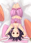  animal_ears arms_behind_head arms_up bad_id bad_pixiv_id black_hair bloomers blush bra bunny_ears from_above inaba_tewi looking_at_viewer lying mana_(tsurubeji) midriff navel on_back pillow pink_bra red_eyes solo touhou underwear underwear_only upside-down 
