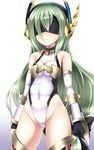  bare_shoulders black_gloves blindfold collar detached_sleeves emil_chronicle_online facing_viewer gloves green_hair hair_ornament hairband highres leotard lock shimo_(depthbomb) solo thighhighs 