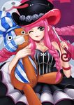  black_eyes breasts cleavage dress drill_hair eyelashes flower ghost hat hat_flower highres kumacy large_breasts long_hair looking_at_viewer one_eye_closed one_piece perona pink_hair quad_drills rose solo strapless strapless_dress stuffed_animal stuffed_toy teddy_bear top_hat umbrella umi_juuyon 
