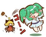  blonde_hair blush_stickers bow bucket chibi dress green_hair hair_bobbles hair_bow hair_ornament kisume kurodani_yamame kurodani_yamame_(spider) multiple_girls open_mouth ponytail ribbon short_hair simple_background smile spider_legs touhou twintails white_background wooden_bucket ziogon 