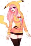  absurdres blush bra breasts cleavage cosplay gen_1_pokemon highres long_hair looking_at_viewer magpii nitroplus open_mouth pikachu pikachu_(cosplay) pink_eyes pink_hair poke_ball poke_ball_print pokemon pokemon_(creature) smile solo super_sonico thighhighs underwear 