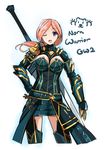  ;o armor belt breasts cleavage colorized fatkewell greatsword guild_wars huge_weapon large_breasts one_eye_closed pauldrons pink_hair purple_eyes sketch solo weapon 