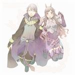  1girl ^_^ armor blush boots bridal_gauntlets brown_eyes brown_hair cape closed_eyes fire_emblem fire_emblem:_kakusei garter_straps hair_ornament henry_(fire_emblem) holding_hands jumping open_mouth osanai_satoru purple_eyes smile sumia thigh_boots thighhighs white_hair 