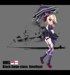  absurdres amethyst_(zhan_jian_shao_nyu) ass black_panties blonde_hair bow bowtie character_name drill_hair english eyepatch gloves hairband highres hms_amethyst letterboxed official_art panties pantyhose photo_background red_eyes rigging royal_navy sirills solo striped striped_legwear torn_clothes torn_eyepatch torn_legwear twin_drills umbrella underwear white_ensign zhan_jian_shao_nyu 