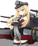  bare_shoulders bismarck_(kantai_collection) blonde_hair blue_eyes blush breast_hold breasts brown_gloves detached_sleeves frown gloves grey_legwear hat highres kantai_collection kirifrog long_hair looking_at_viewer machinery medium_breasts peaked_cap solo turret underboob 