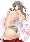  alcohol arched_back ass back bare_shoulders blush breasts comic_hotmilk cup flower grey_hair hair_flower hair_ornament kizuki_aruchu large_breasts lingerie long_hair open_mouth original purple_eyes sakazuki sake see-through shiny shiny_clothes shiny_skin solo sweat underwear underwear_only untied wet 