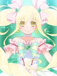  1girl 2014 blonde_hair blush bow choker cure_echo dated dress earrings hair_ornament hair_ribbon happy jewelry long_hair looking_at_viewer magical_girl pink_bow precure precure_all_stars_new_stage:_mirai_no_tomodachi ribbon sakagami_ayumi signature smile solo twintails very_long_hair white_choker yellow_eyes 