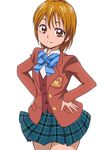  blazer blue_bow bow bowtie brown_eyes brown_hair brown_jacket eyelashes futari_wa_precure futari_wa_precure_max_heart happy jacket long_hair looking_at_viewer manji_(tenketsu) misumi_nagisa precure shirt simple_background sketch skirt smile solo standing verone_gakuin_school_uniform white_background 