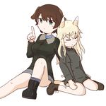  animal_ears ankle_boots aqua_eyes black_footwear blonde_hair blush bomber_jacket boots bottomless brown_hair closed_eyes dog_ears dog_tail finger_to_mouth fox_ears fox_tail heart honda_takashi_(enorea) jacket long_hair long_sleeves looking_at_viewer military military_uniform multiple_girls open_mouth ottilie_kittel pointing pointing_up short_hair shushing simple_background sitting sleeping tail uniform waltraud_nowotny wariza white_background world_witches_series 