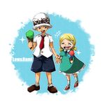 1boy 1girl ^_^ ^o^ bad_id bad_pixiv_id blonde_hair blue_dress blue_ribbon brother_and_sister child closed_eyes double_scoop dress eating food food_on_face full_body hair_ornament happy hat ice_cream ice_cream_cone ice_cream_on_face long_sleeves necktie one_piece open_mouth porukan ribbon siblings single_scoop smile socks sparkle standing trafalgar_lami trafalgar_law white_background younger 