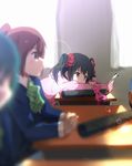  bare_shoulders black_hair blue_hair bow chair classroom desk graduation hair_between_eyes hair_bow highres love_live! love_live!_school_idol_project multiple_girls ogipote otonokizaka_school_uniform photo_(object) red_eyes red_hair ribbon school_desk school_uniform sitting twintails yazawa_nico 