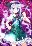  blue_eyes e.o. hair_ribbon highres katana konpaku_youmu puffy_short_sleeves puffy_sleeves ribbon sheath shirt short_sleeves silver_hair skirt skirt_set solo sword touhou unsheathing vest weapon 